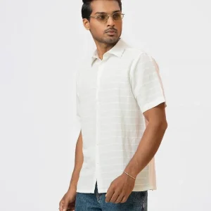White Velvet Striped Cotton Casual Shirt
